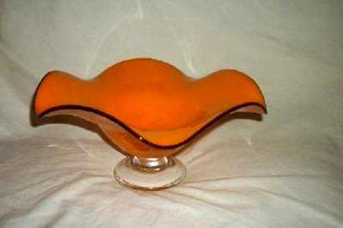 MID CENTURY MURANO GLASS COMPOTE BOWL ART DECO STYLE ORANGE BLACK STRIPE 1960s