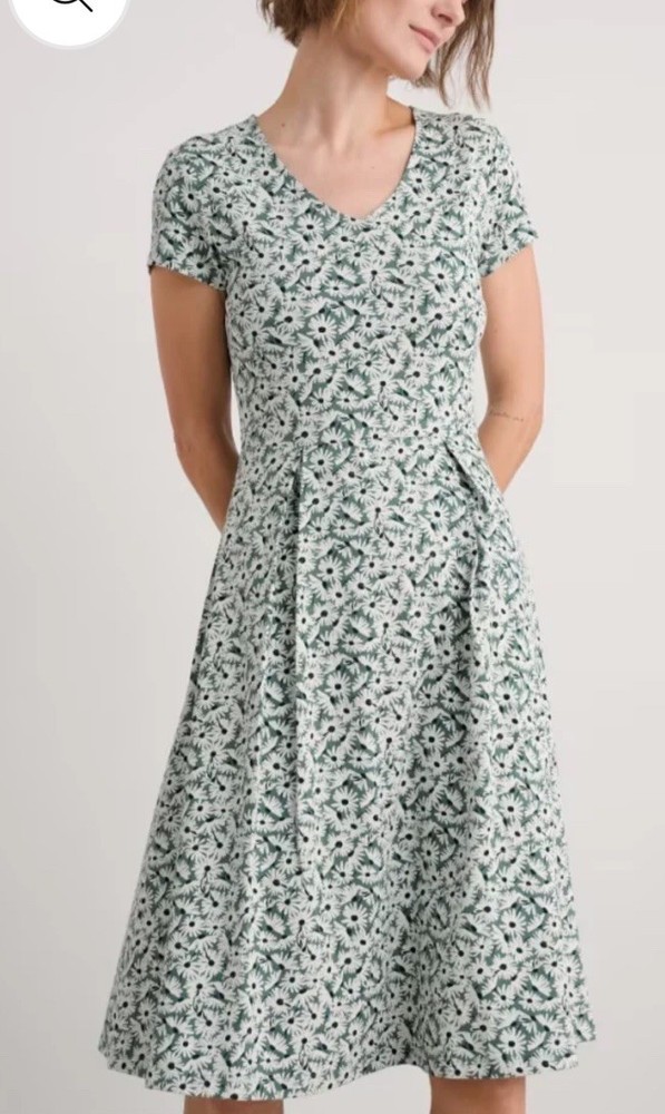 Seasalt Cornwall Jersey Fit & Flare Organic Cotton Green White V Neck Sz Tall 6
