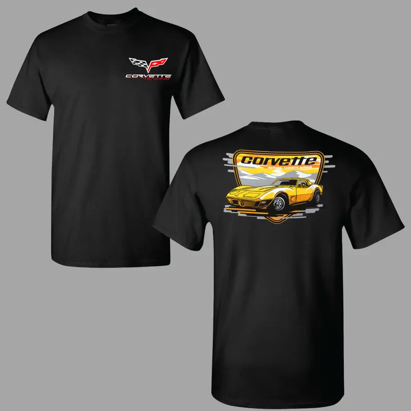 Corvette C4 Yellow Sports Car T-Shirt, Shield Emblem Graphic Back Print 2 Sides,