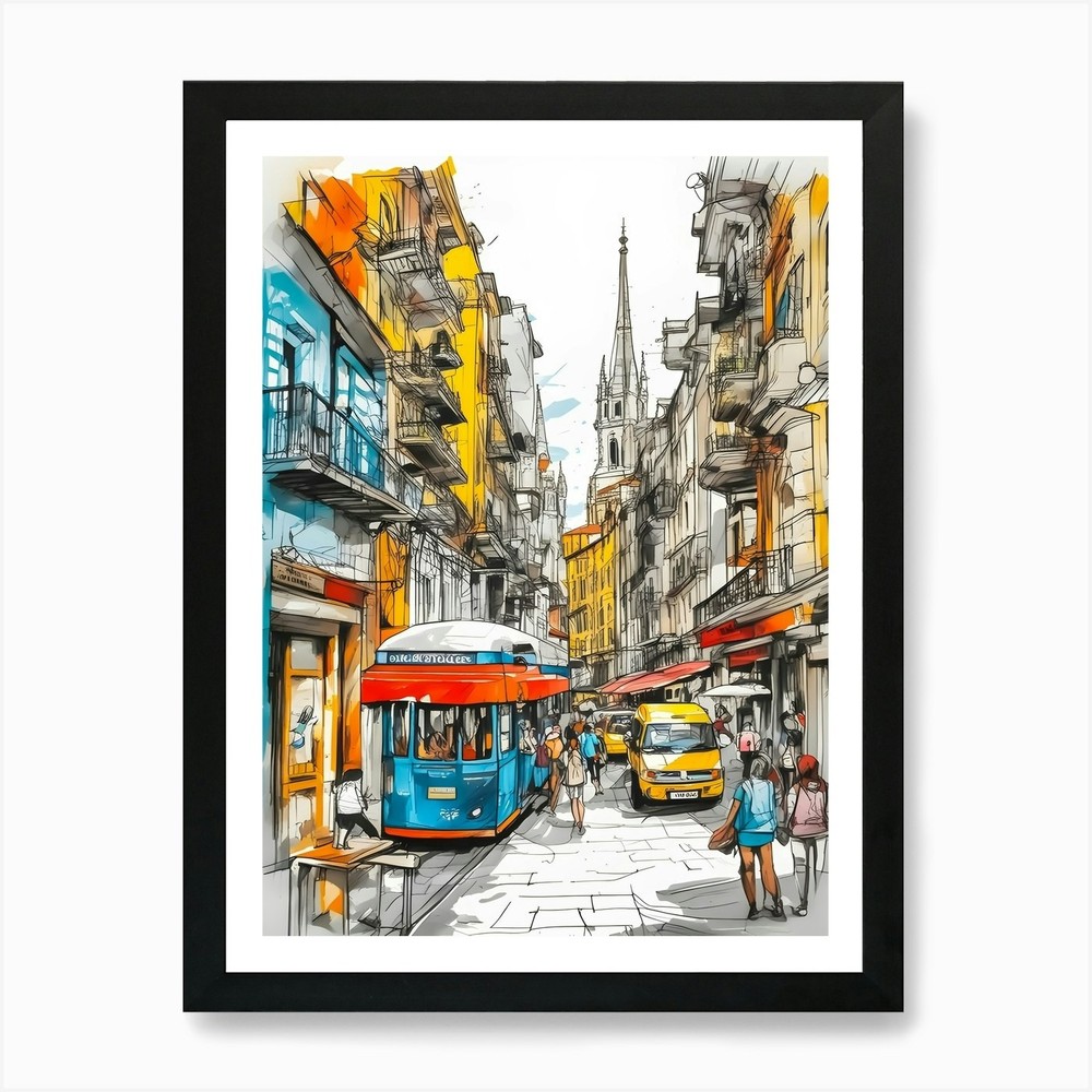 Sketch Of A City Street 3 Art Print Framed Wall Art Poster Canvas Print Picture