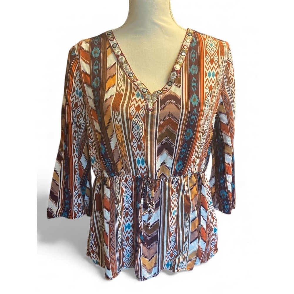 Cato Women's Boho Tribal Print Peplum Blouse Size L 3/4 Sleeve Drawstring Waist