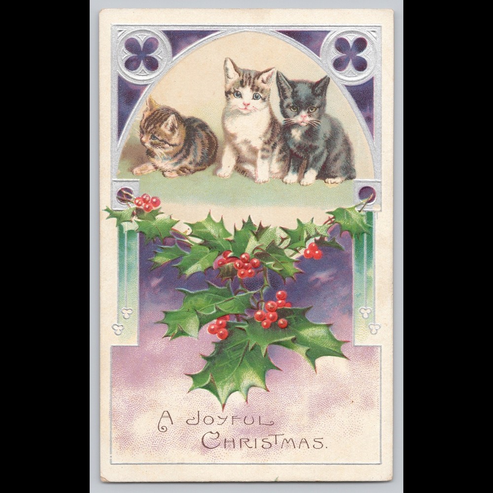 Postcard A Joyful Christmas Cats Holly Printed in Germany