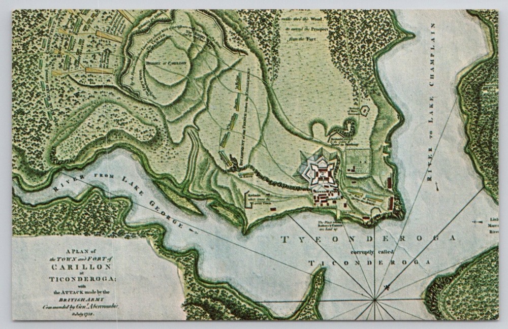 Fort Ticonderoga 1758 Battle of Carillon Map Postcard Lake Champlain NY