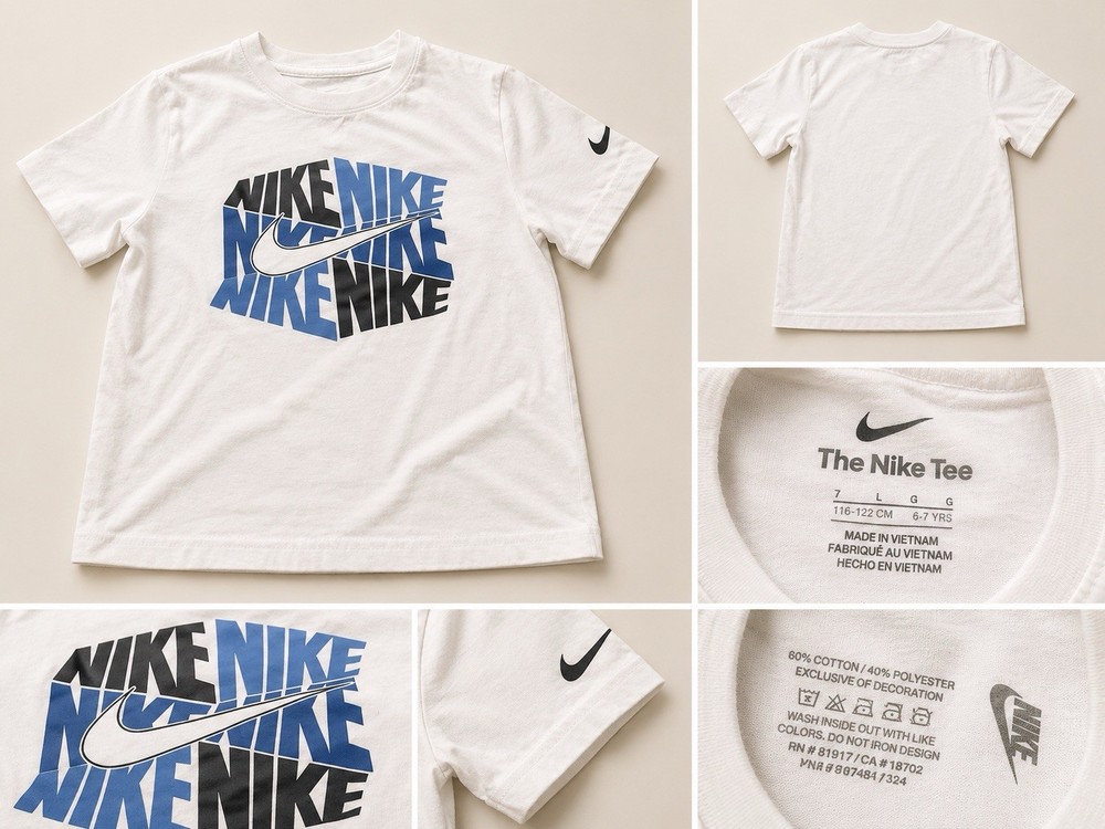 Nike The Nike Tee Boys Size 7 White Blue Black Logo Graphic Crew T-Shirt