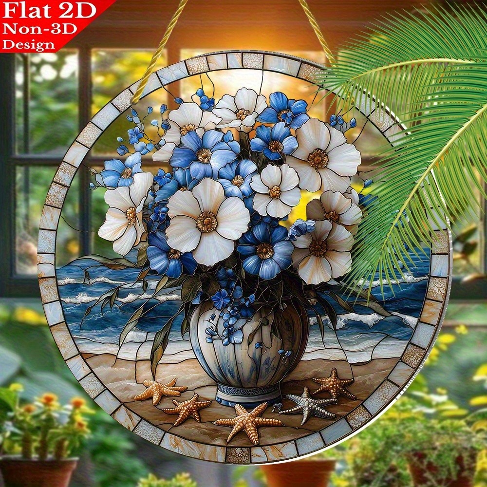 8x8 Retro Beach Floral Suncatcher Seashells Starfish for Ocean Themed Wall Art