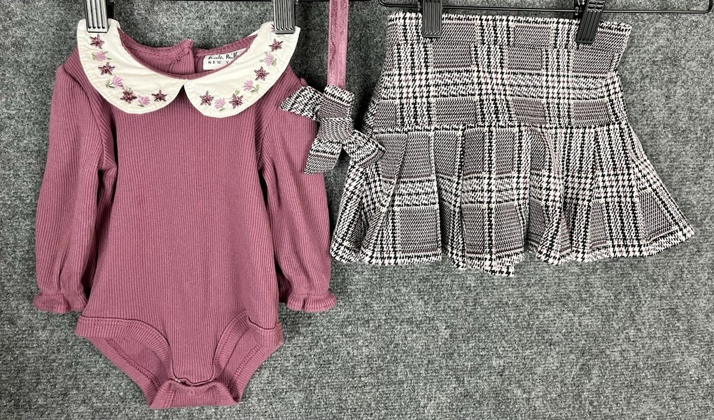 NICOLE MILLER Baby Girl Sz 3/6M Violet Plaid 3pc Skirt Set Cotton