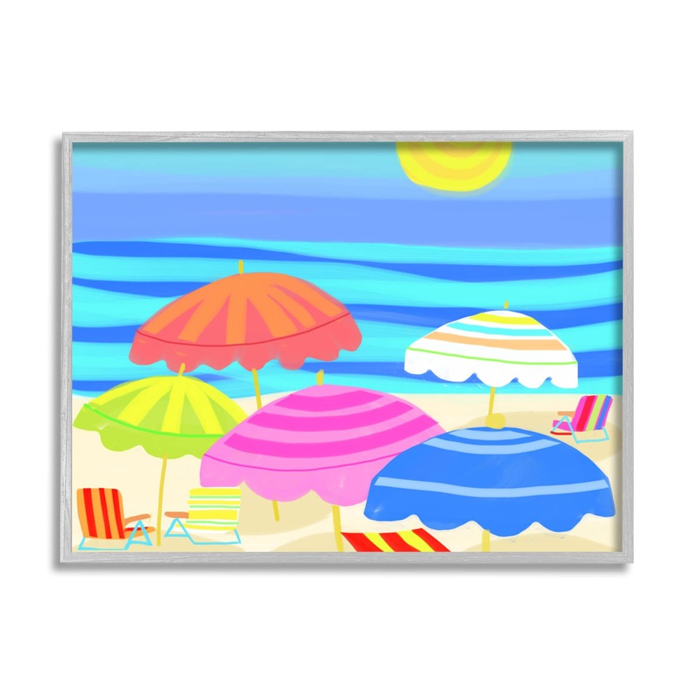 Vibrant Summer Beach Scene Sun Umbrellas Framed Wall Art Design By Mar