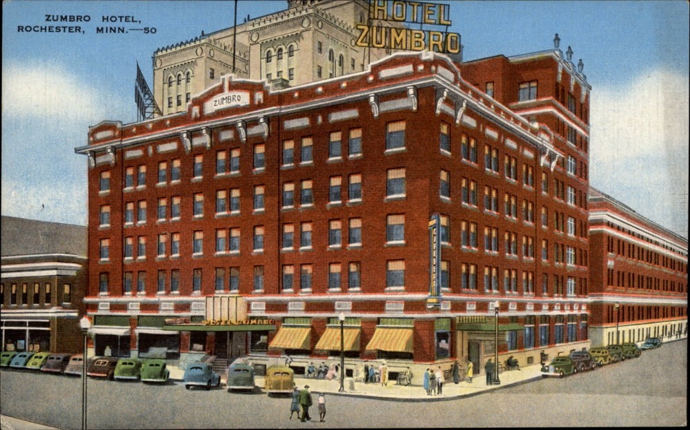 Zumbro Hotel ~ Rochester Minnesota MN ~ 1940s cars ~ unused linen postcard