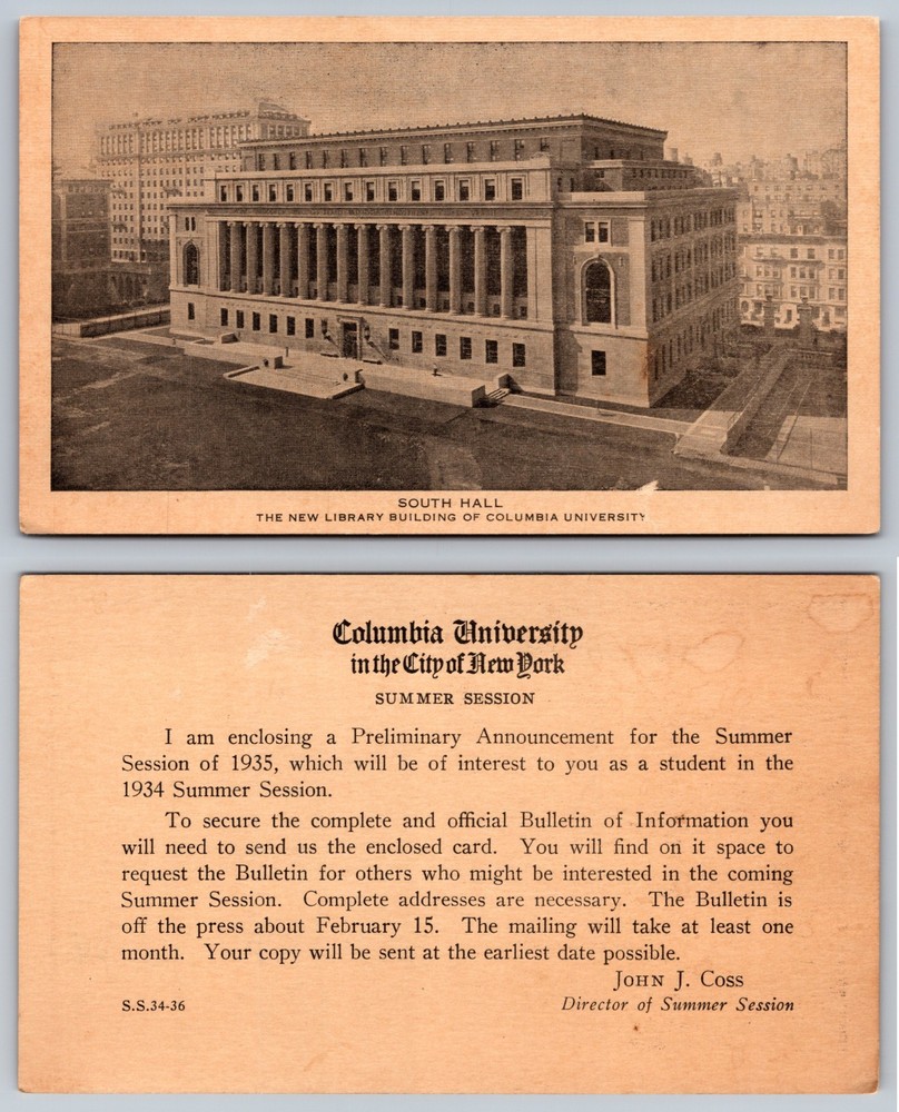 South Hall Columbia University New York Postcard