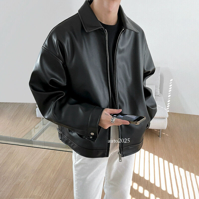 Mens Faux Leather Long Sleeve Loose Fit Motorcycle Coat Biker Jackets Korean Zip