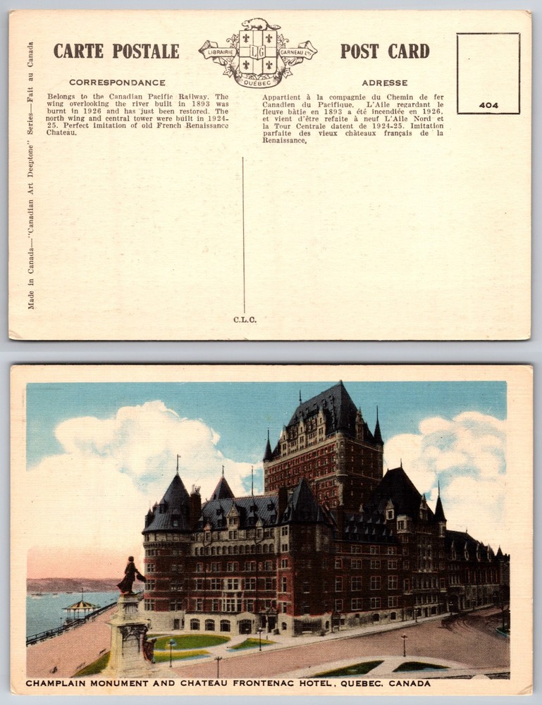 Champlain Monument Chateau Frontenac Quebec Canada Postcard