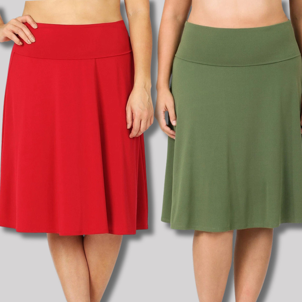1X 2X 3X Women's Plus Size Fold Over A-Line Flared Skirt Soft Flowy ITY Fabric