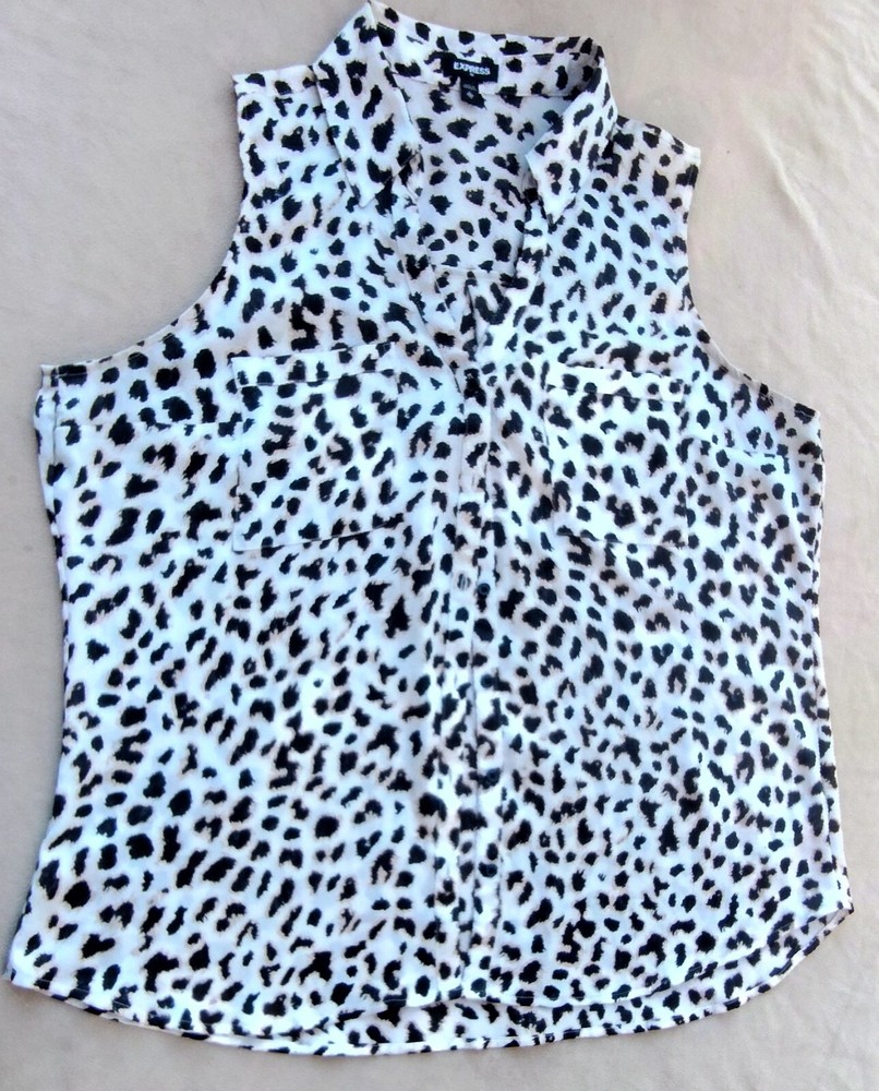 Express Women’s Vest Blouse Leopard Print Sleeveless Collared Summer Sheer XL