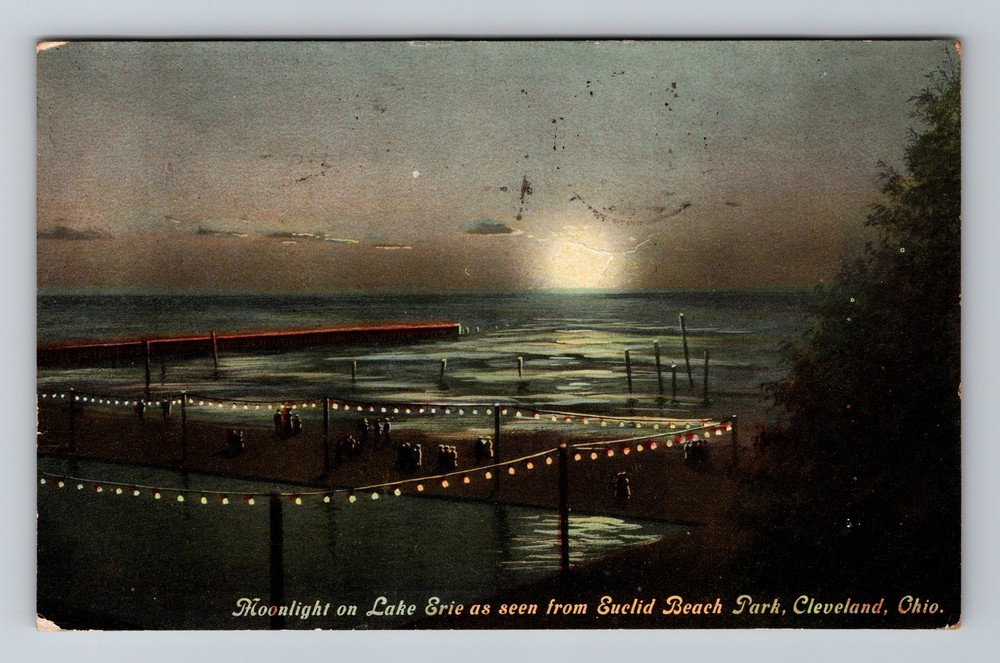Cleveland, OH-Ohio, Moonlight on Lake Erie Vintage c1910 Postcard