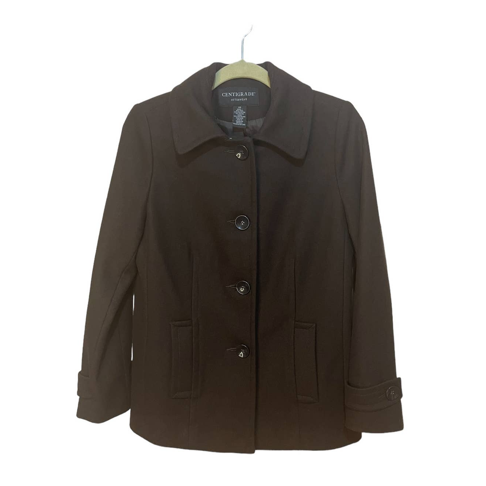 Centigrade Womens Wool Blend Pea Dress Coat XS Dark Brown Button Front Pockets