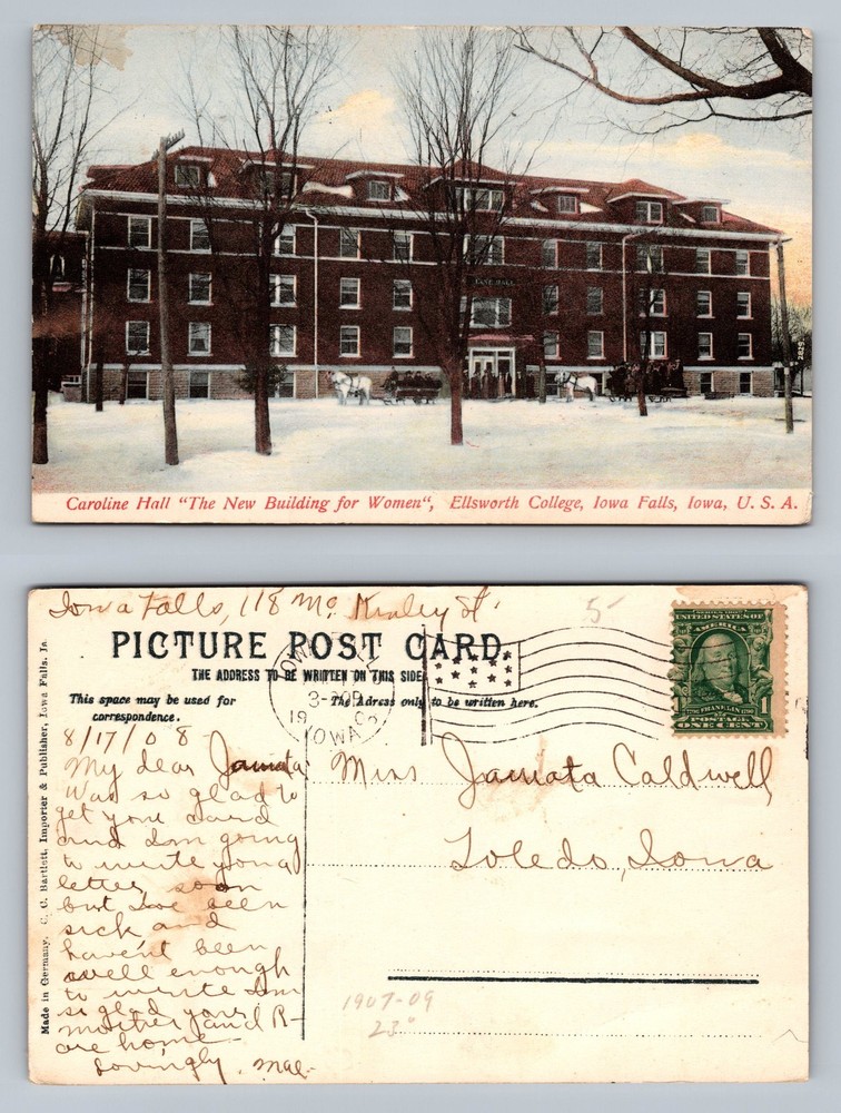 Iowa Falls, IA-Iowa, Ellsworth College Caroline Hall Dorm Vintage c1908 Postcard