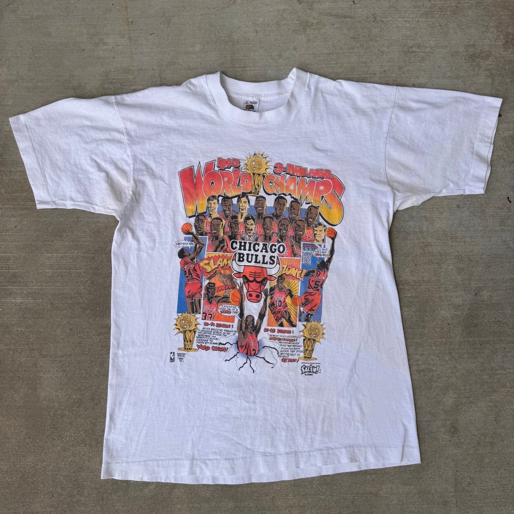 Vintage 1993 Chicago Bulls 3-Peat World Champions Salem T-Shirt Mens L White NBA