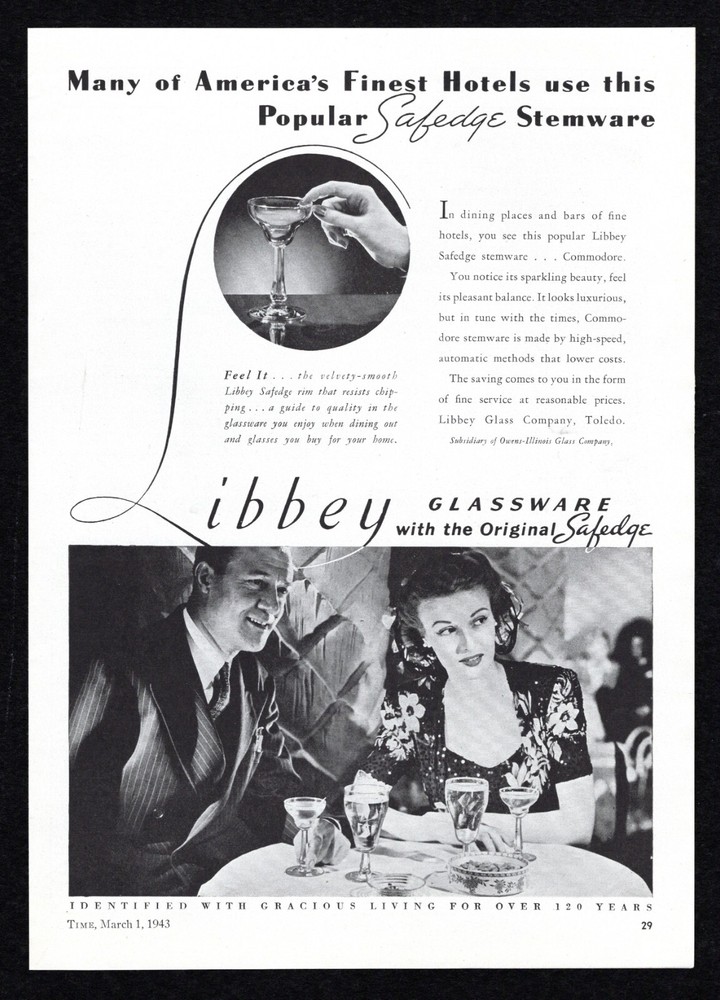 1943 Libbey SafeEdge Commodore Gracious Living Glassware Vintage Print Ad