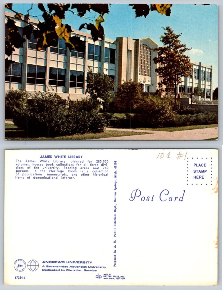 Andrews University James White Library Berrien Springs MI Chrome Postcard