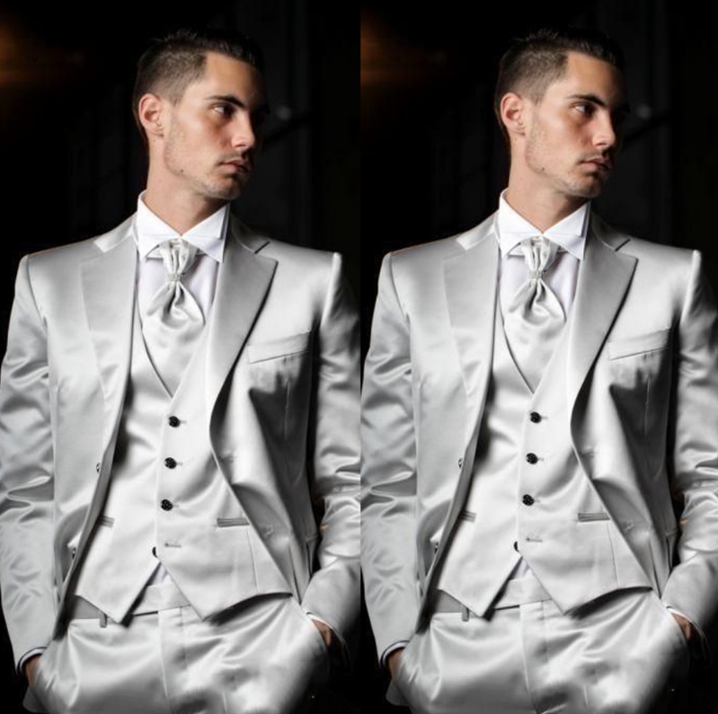 Silver Satin Slim Fit 3Pcs Men's Suit for Wedding Prom Business Formal Tuxedo