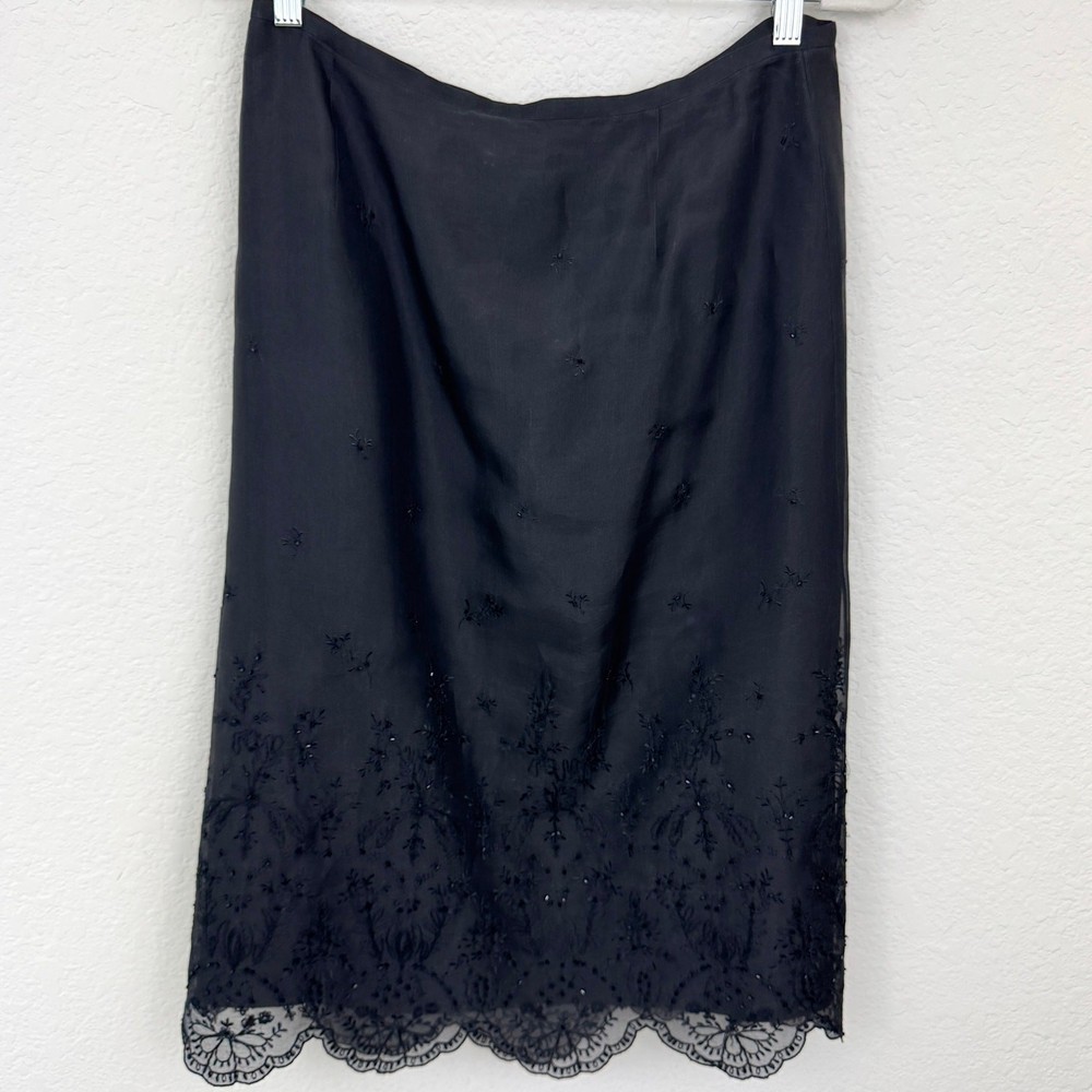 Ann Taylor Womens A Line Skirt Size 12P 100% Silk Fairy Glam Beaded Lace Black