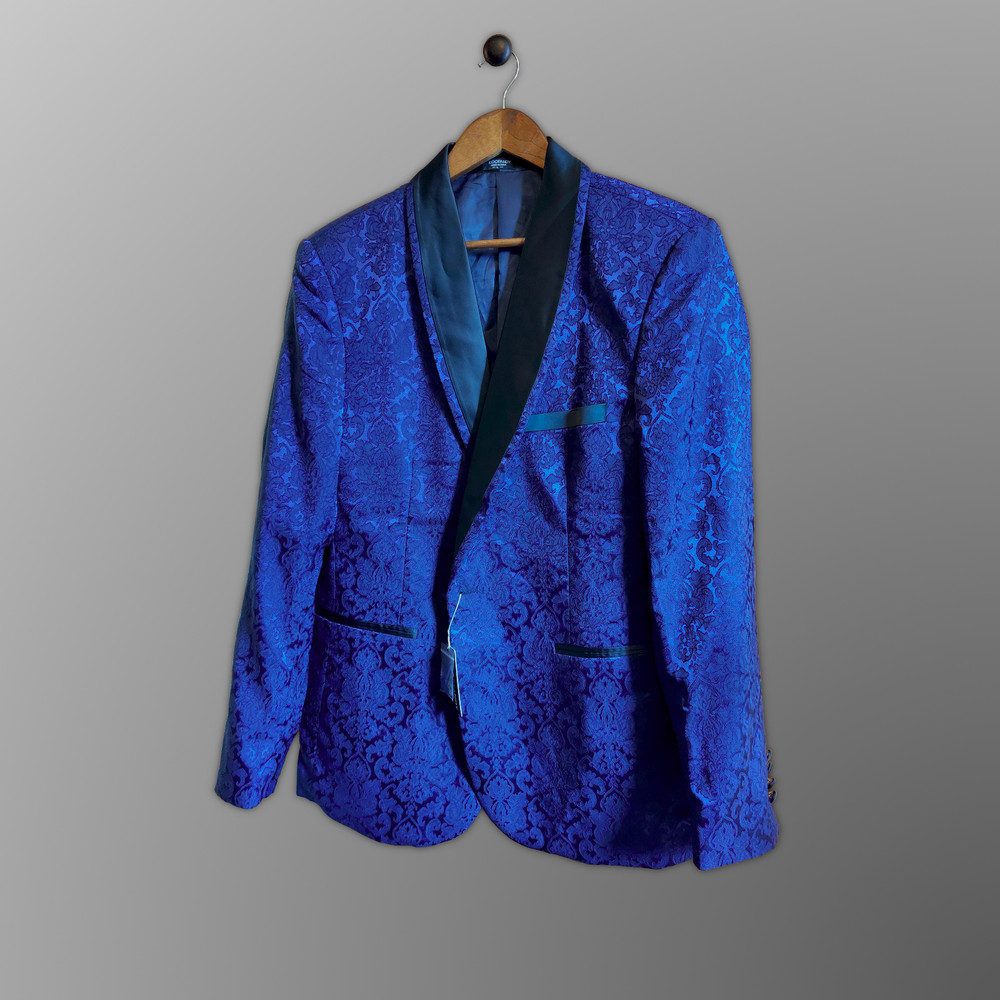 Coofandy Blue Embroidered Statement Smoking/Tuxedo Jacket w/ Black Shawl Lapel