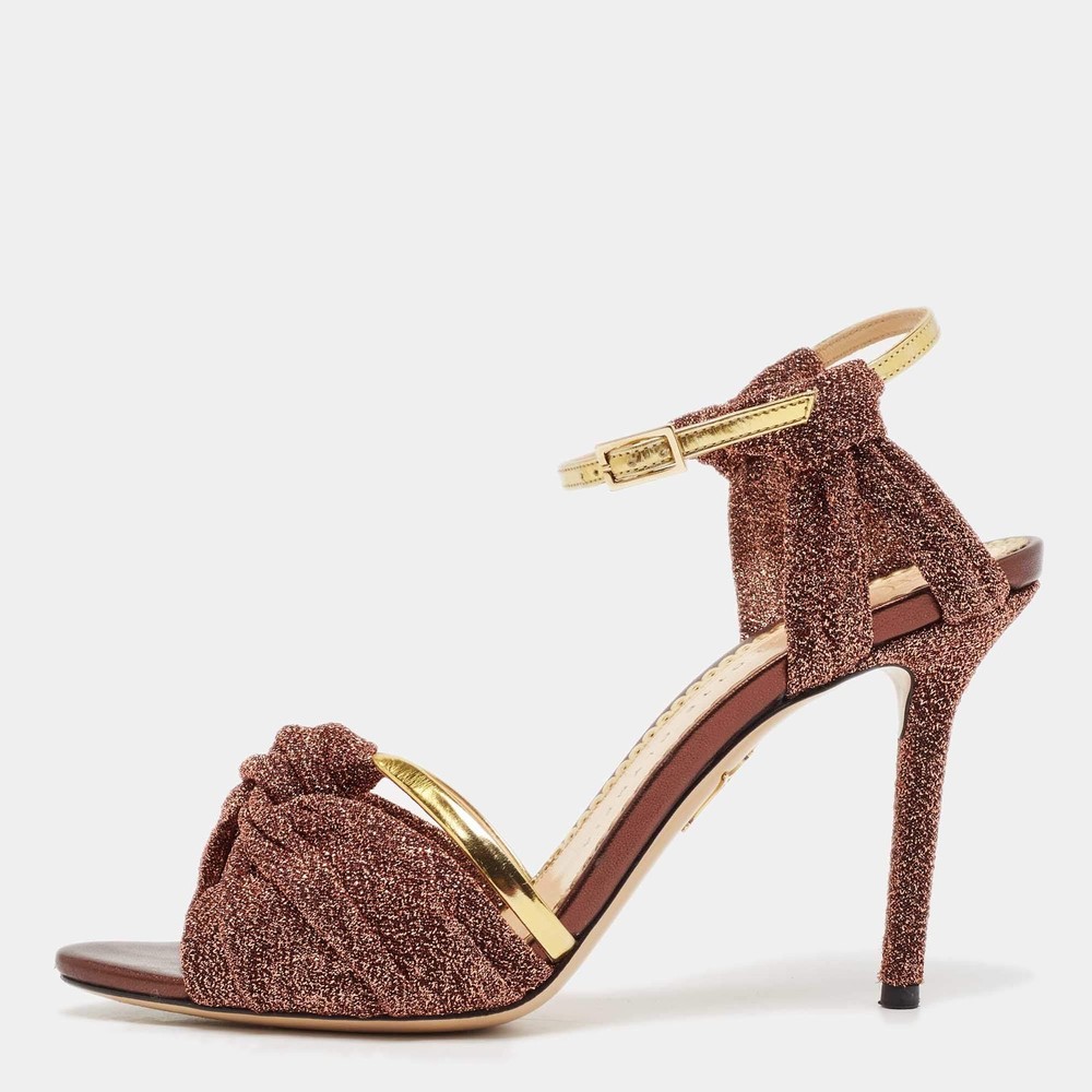 Charlotte Olympia Metallic Leather and Lurex Fabric Ankle Strap Sandals Size 385