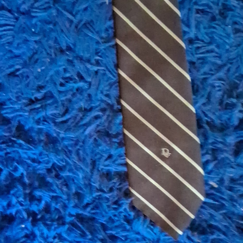 Christian Dior Men's Brown/White Striped Woven Silk Tie w/ Logo Accent