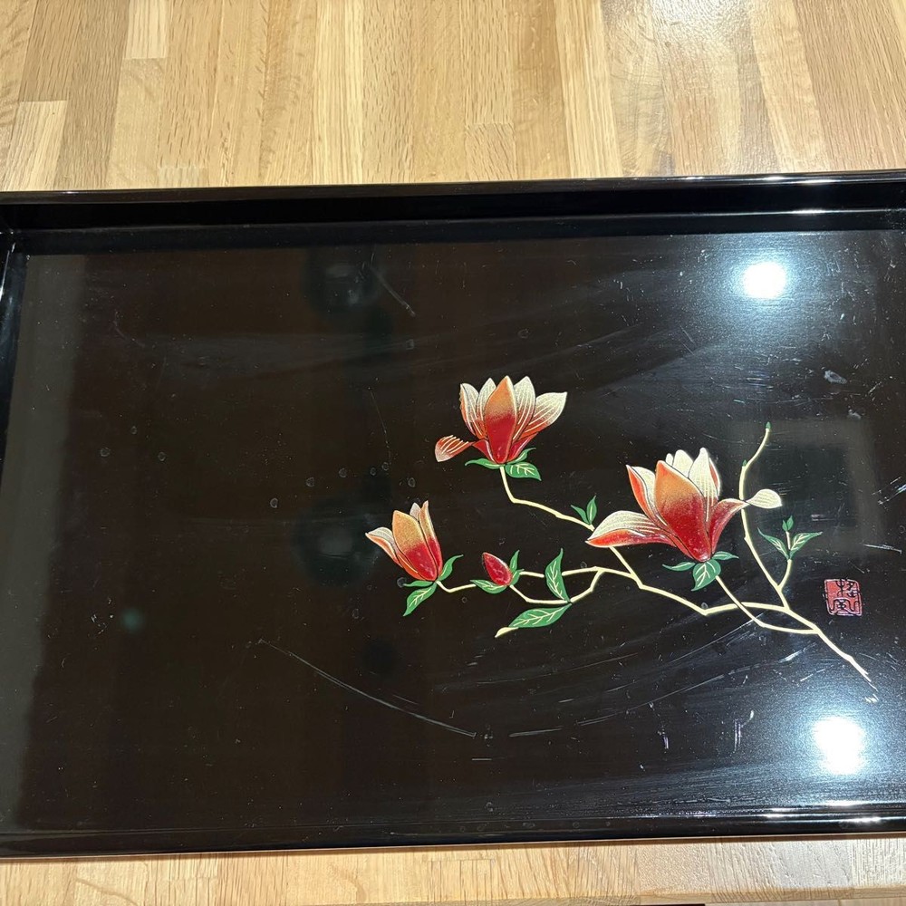 Showa Retro Wooden Tea Tray Traditional Craft Japanese Tableware Floral Pattern