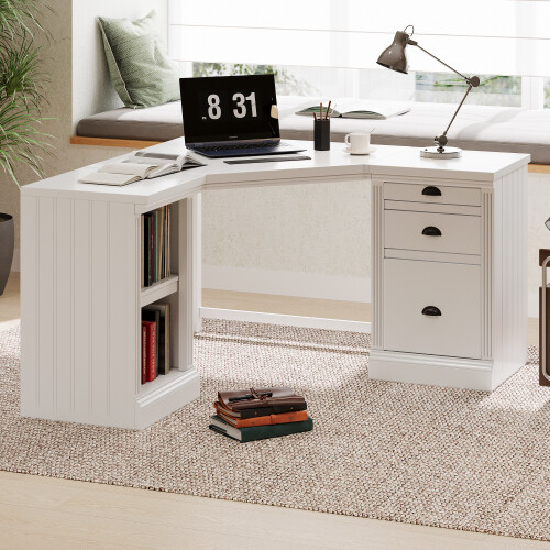 Modern L-Shaped Executive Desk with Storage Cabinets and Drawers for Corner Office Use