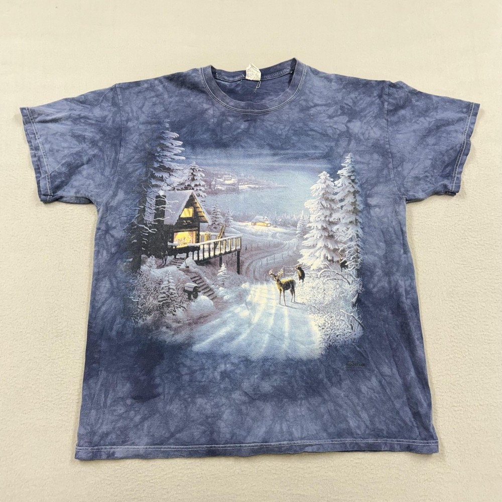 The Mountain Shirt Mens XL Blue Winter Cabin Deer Snowy Graphic Tee Tie Dye