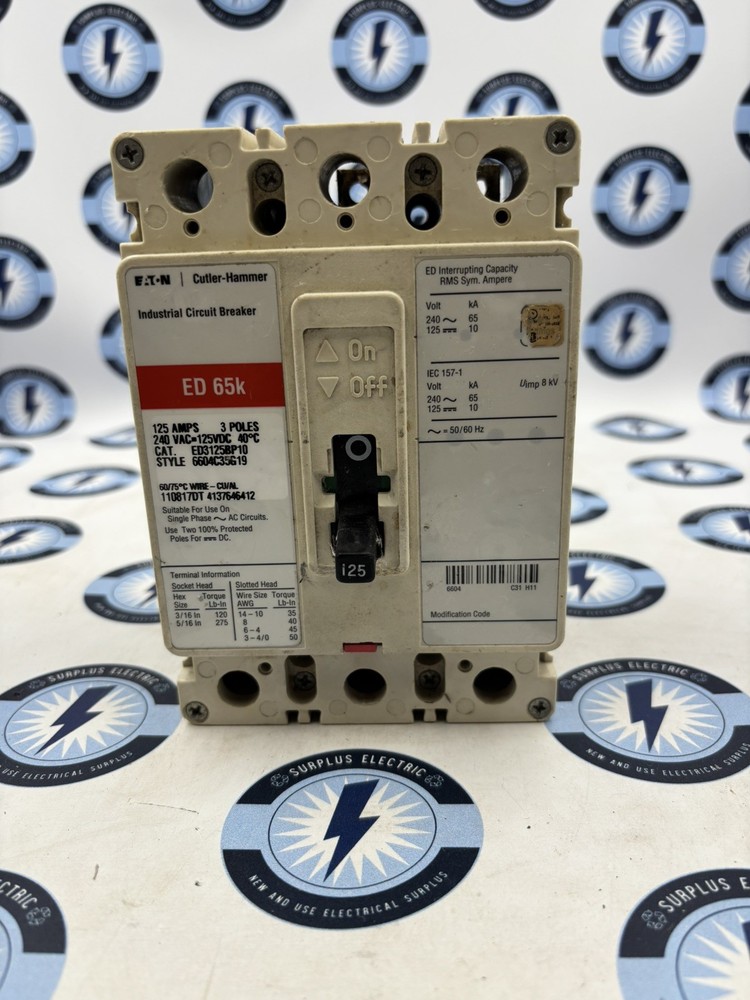 Eaton ED 65K ED3125BP10 3 Pole 125 Amp 240V  Circuit Breaker