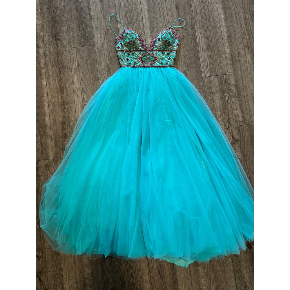 Sheri Hill Aqua Gown Womens Size 4 Beaded Long Prom Dress Pageant Tulle Evening