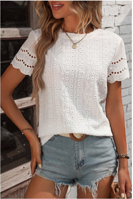 White Eyelet Embroidery Scalloped Short Sleeve Blouse