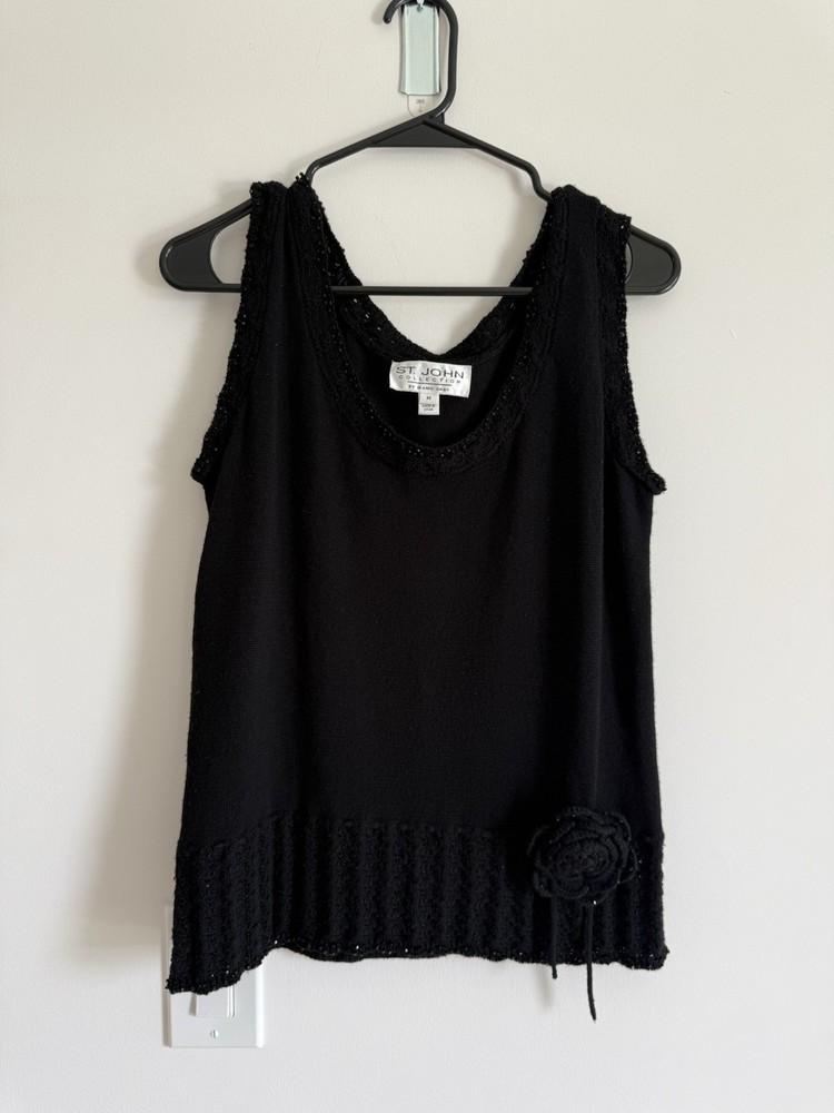 Black St. John Collection By Marie Gray Knit Tank Top Sz M Beaded Floral Rose