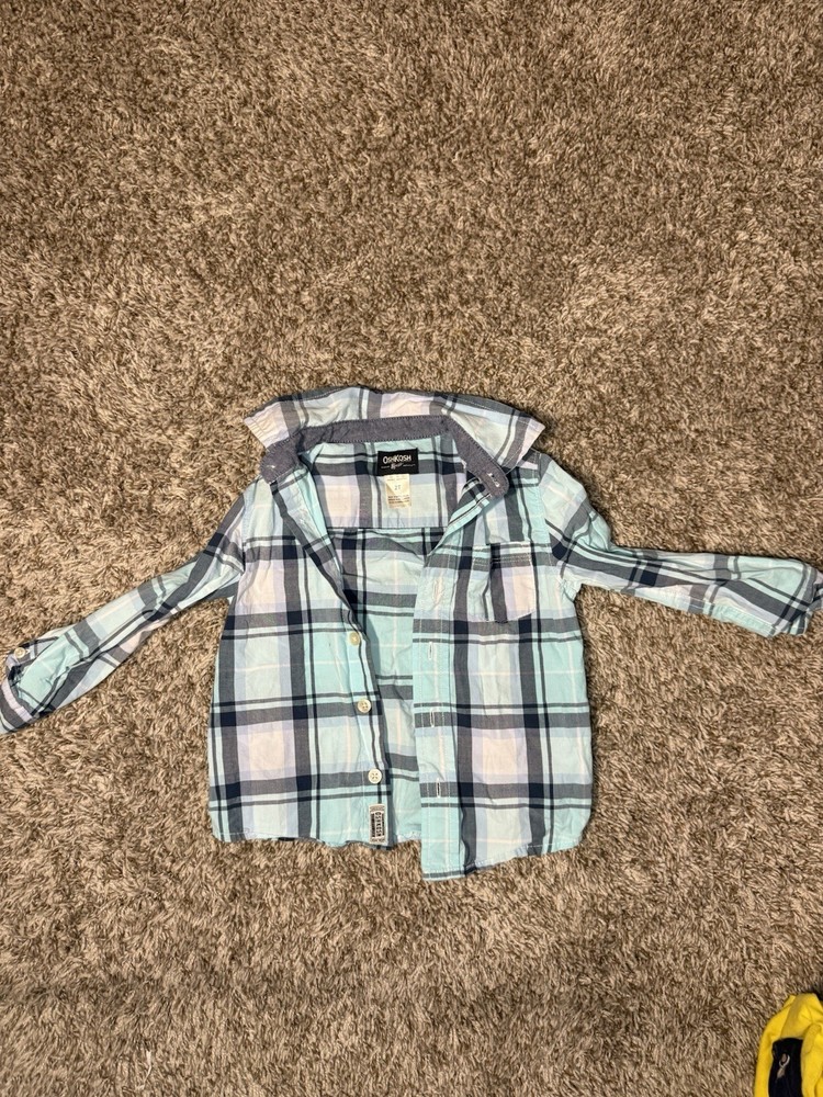 OshKosh B’gosh Boys 2T Blue White Plaid Button Down Shirt Long Sleeve