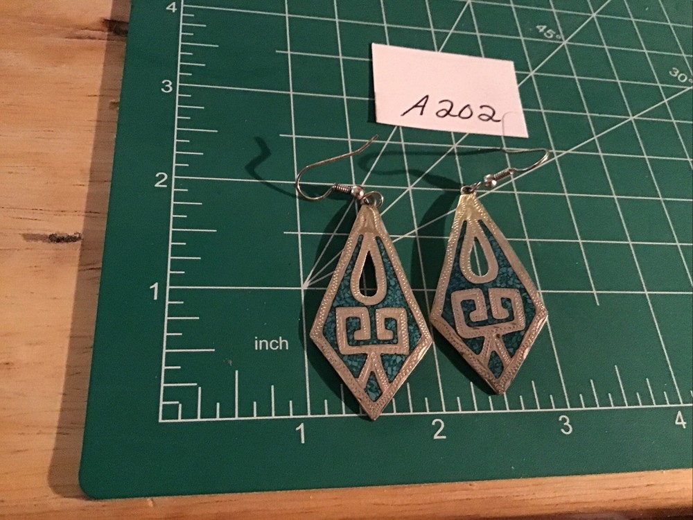 Taxco Mexico 925 Sterling Silver Crushed Turquoise Inlay Dangle Earrings