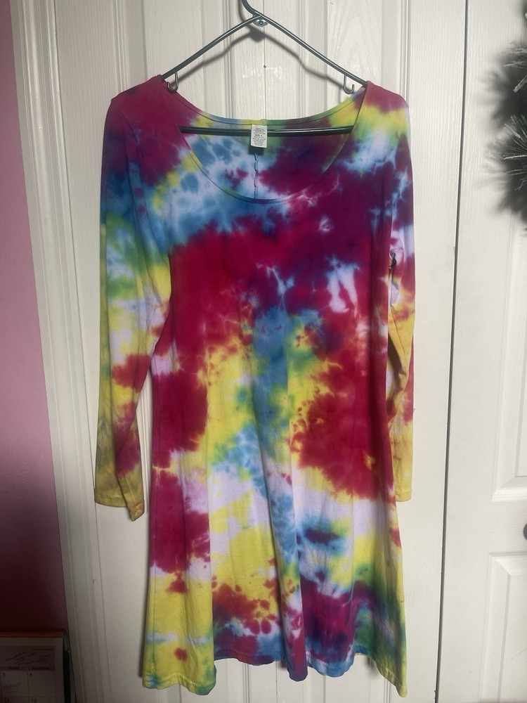 Dharma Trading Company Women’s Sz Large Long Sleeve Tie Dye Rainbow MIDI Dress