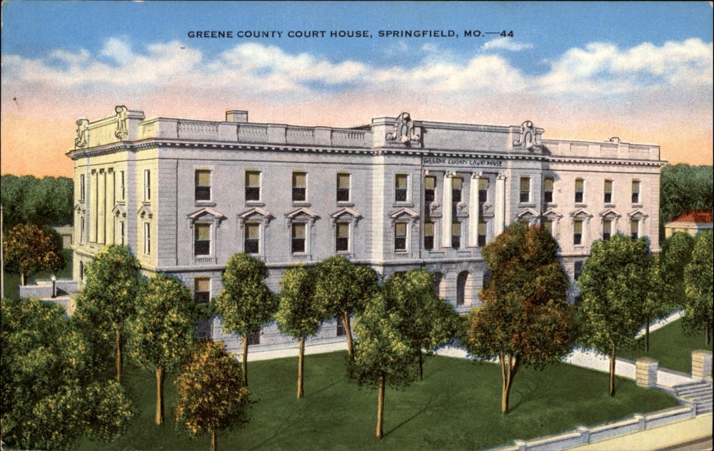 Greene County Court House Springfield Missouri grounds ~ 1940s linen postcard
