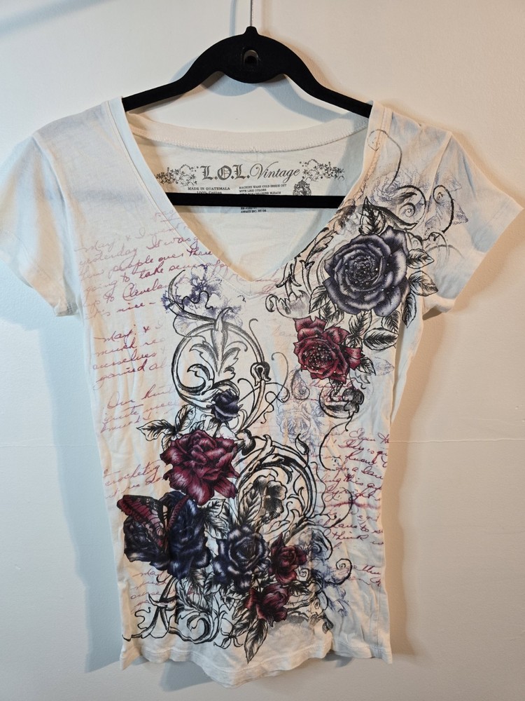 L.O.L Vintage Y2K Graphic Baby Tee Size Small Rose Tattoo Script Rhinestone Top