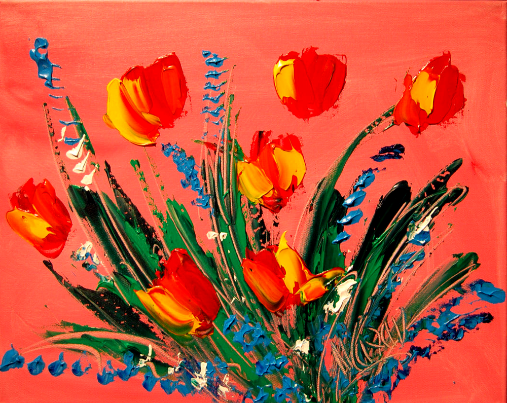 TULIPS ON PINK   MODERN ART   SIGNED CANVAS - STRETCHED painting original