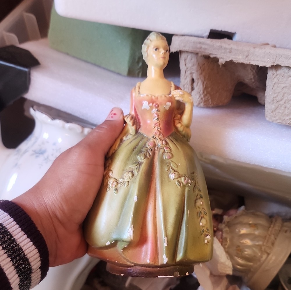 Hand Painted Ceramic Victorian Lady Figurine Green & Pink Floral Dress, 1 Pack