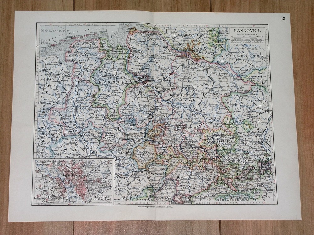 1912 Antique Map Of Lower Saxony Niedersachsen Hanover Hannover Bremen Germany