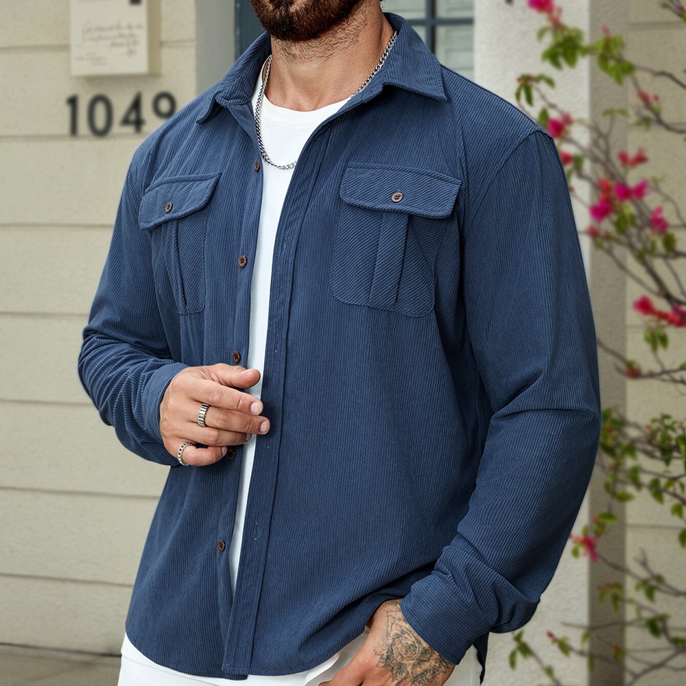 Mens Shirt Corduary Cargo Shirt Solid Color Casual Outdoor Retro Long Sleeve Top