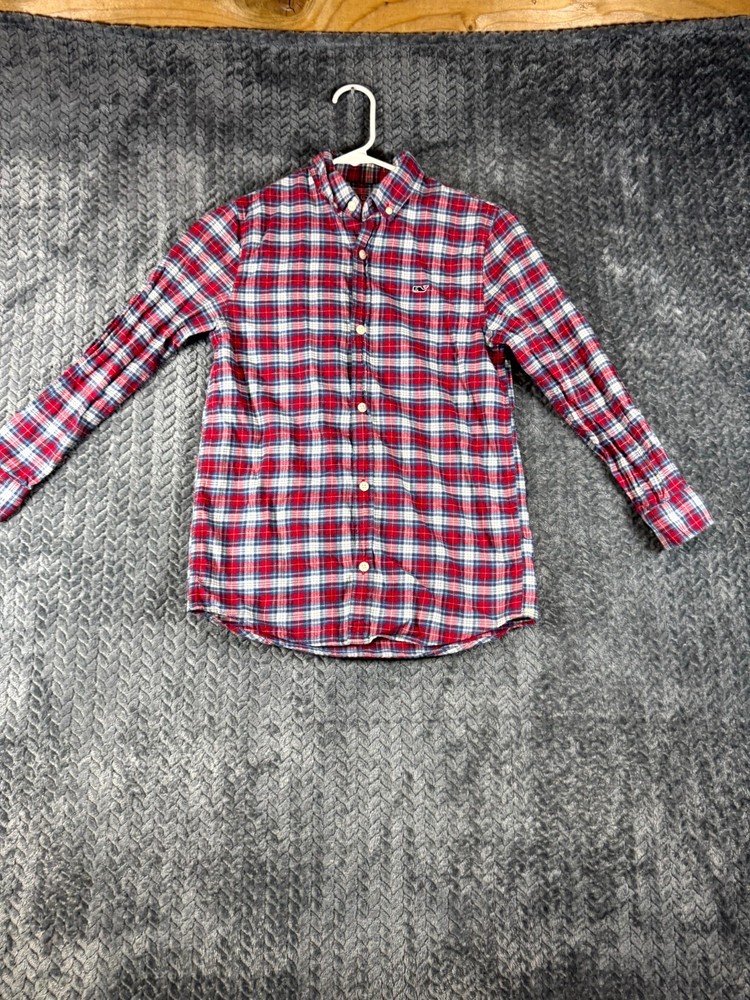 Vineyard Vines Shirt Boys S 8-10 Red Blue Flannel Long Sleeve Plaid Button Down