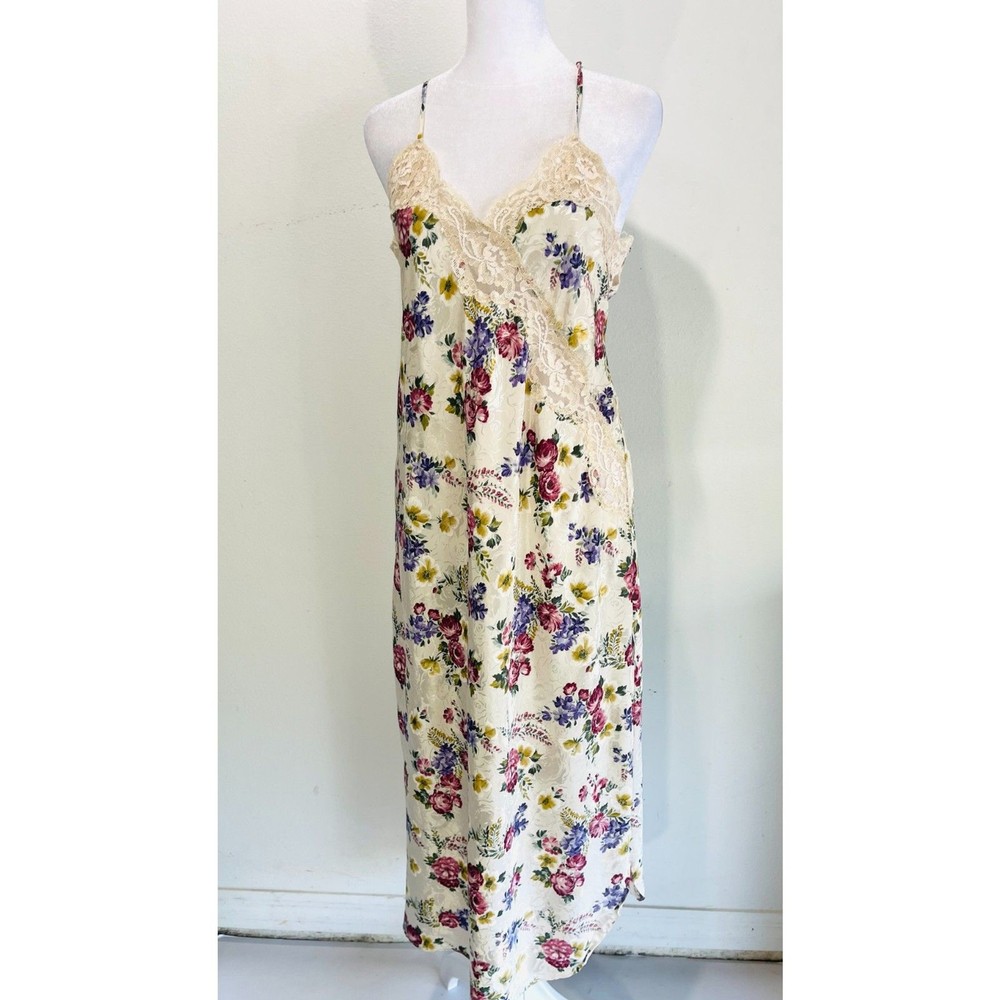 California dynasty VTG slip maxi dress satin floral romantic nightgown women S