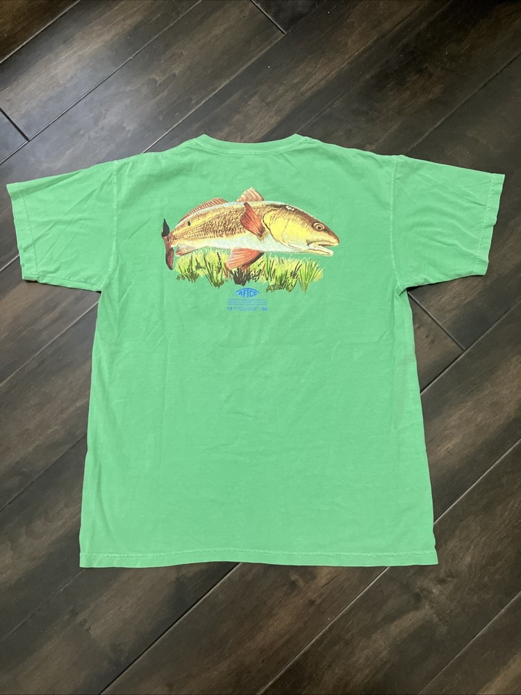 AFTCO Men’s Short Sleeve Fishing Shirt, Size Large, Green, Red Drum Graphic