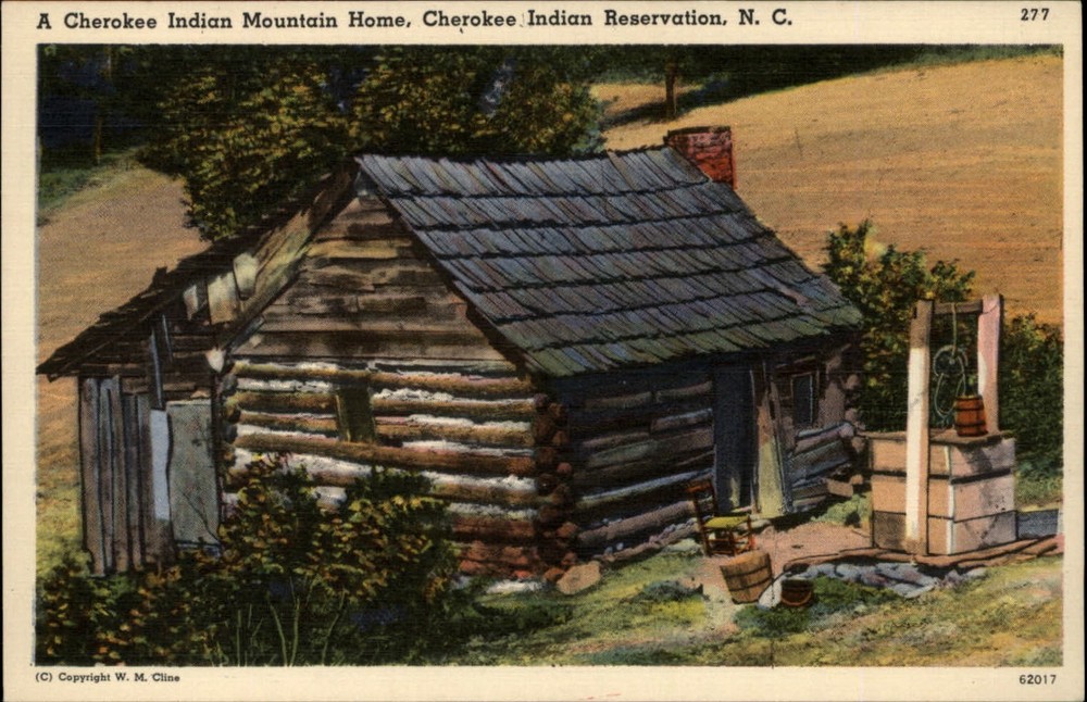 Cherokee Indian Reservation North Carolina Mountain log home linen postcard