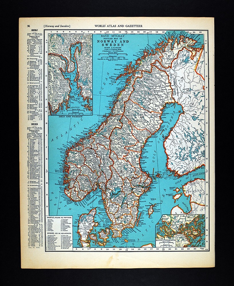1937 McNally Map Scandinavia Norway Sweden Denmark Finland Stockholm Oslo Baltic