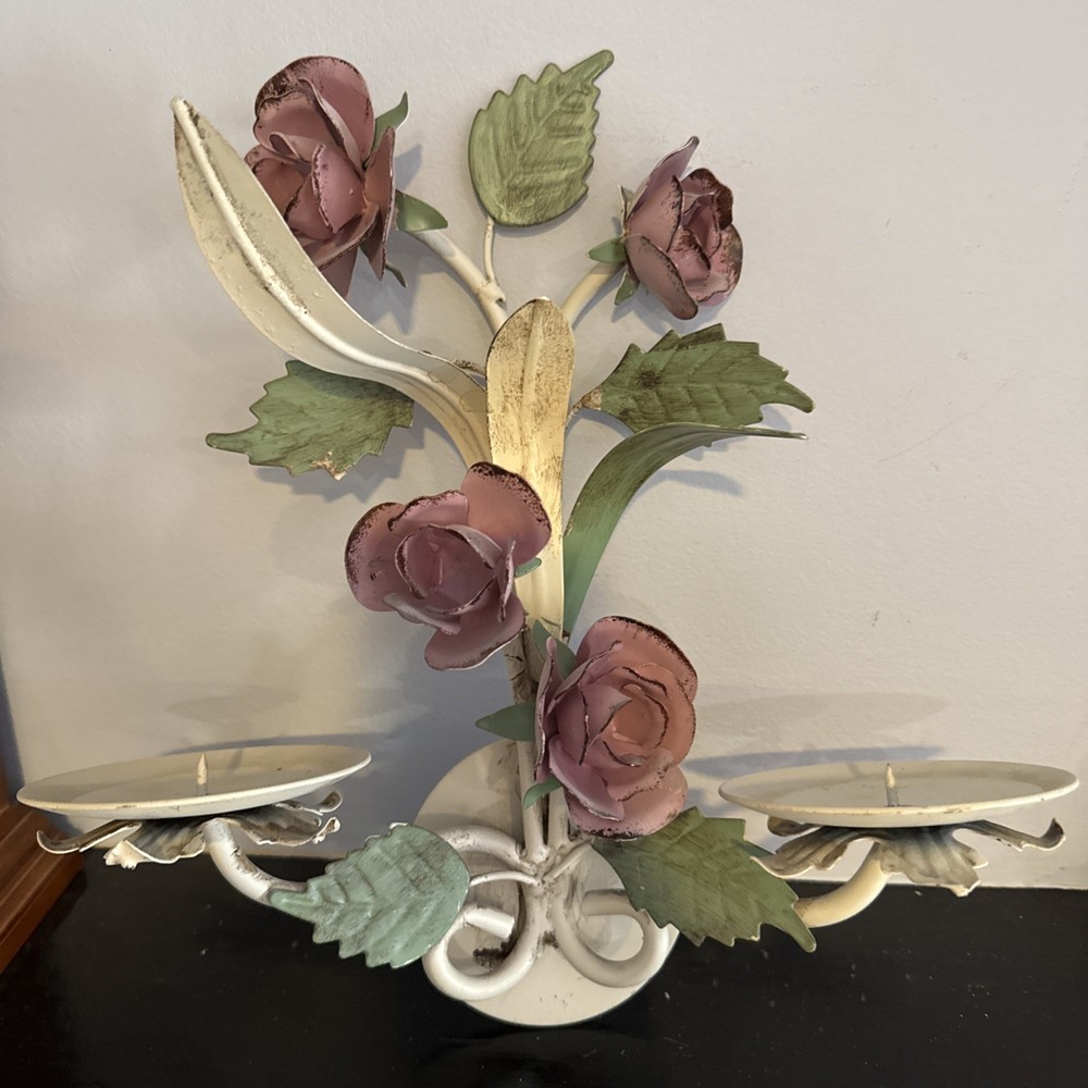 Vintage Metal Tole Candle Holders with Pink Roses Wall Mount 13” X 12”